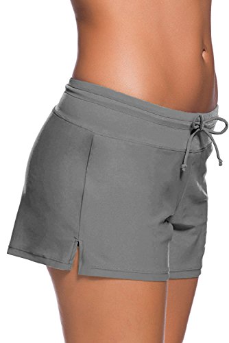 Tmaza Shorts de Baño Mujer Bañador Short Deportes Acuáticos Shorts de Natación Secado Rápido Bañador de Pantalon Cortos con cordón Ajustables, Gris S