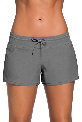 Tmaza Shorts de Baño Mujer Bañador Short Deportes Acuáticos Shorts de Natación Secado Rápido Bañador de Pantalon Cortos con cordón Ajustables, Gris S