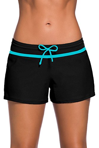 Tmaza Shorts de Baño Mujer Bañador Short Deportes Acuáticos Shorts de Natación Secado Rápido Bañador de Pantalon Cortos con cordón Ajustables, Negro Blanco L