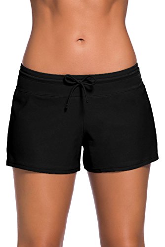 Tmaza Shorts de Baño Mujer Bañador Short Deportes Acuáticos Shorts de Natación Secado Rápido Bañador de Pantalon Cortos con cordón Ajustables, Negro S