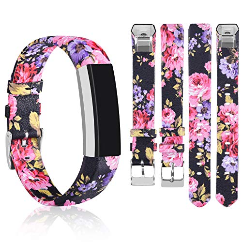 Tobfit Correa de cuero para Fitbit Alta HR con correas de repuesto ajustables para Fitbit Alta y Fitbit Alta HR (# flor rosa+flor gris)