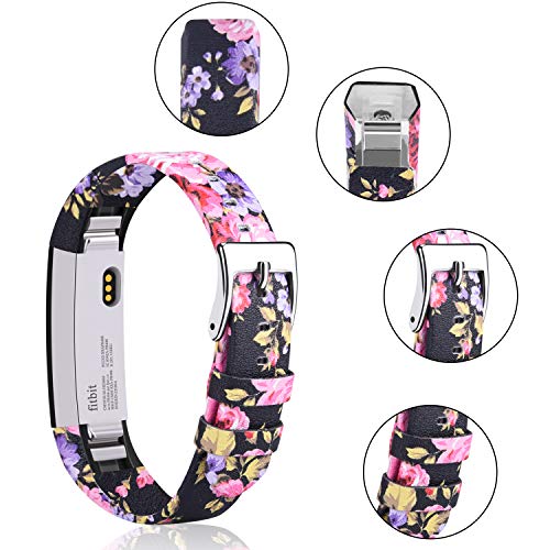 Tobfit Correa de cuero para Fitbit Alta HR con correas de repuesto ajustables para Fitbit Alta y Fitbit Alta HR (# flor rosa+flor gris)