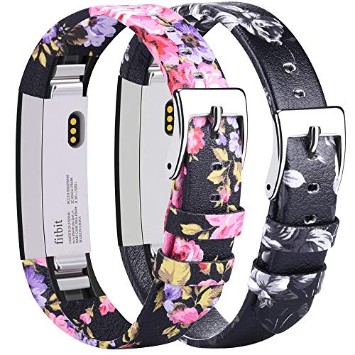 Tobfit Correa de cuero para Fitbit Alta HR con correas de repuesto ajustables para Fitbit Alta y Fitbit Alta HR (# flor rosa+flor gris)