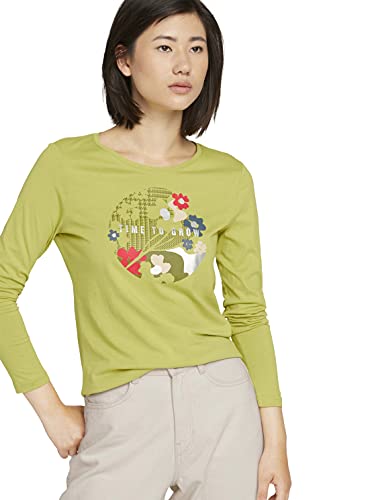 Tom Tailor 1028000 Camiseta de Manga Larga Estampada de algodón orgánico, Green Oasis 27374-Juego de Mesa, XL para Mujer