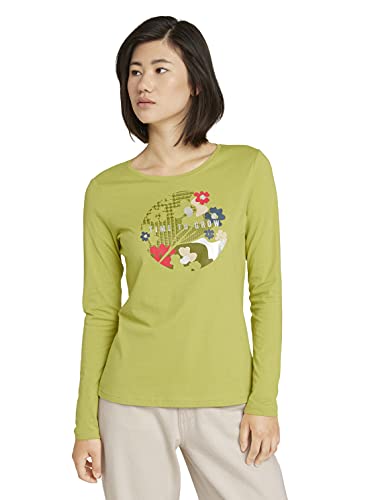 Tom Tailor 1028000 Camiseta de Manga Larga Estampada de algodón orgánico, Green Oasis 27374-Juego de Mesa, XL para Mujer