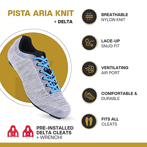 Tommaso Pista Aria Knit Spin Class Ready Zapatillas de ciclismo y paquete con tacos compatibles, Look Delta, SPD - Negro, Rosa, Gris, Azul, gris (Gris/Azul - Delta), 37.5 EU