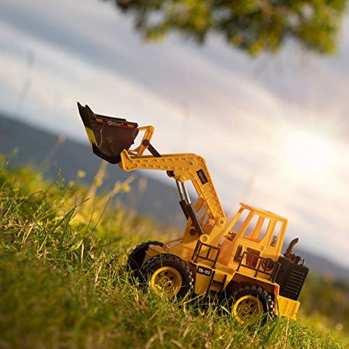 Top Race Remote Control RC Construction Bulldozer Toy Tractor Truck Front Loader Excavator Vehicle 5 Channel Full Functional Radio Controlled Toys Digger for Kids Boys Ages 3+ Lights & Sounds Tr-113