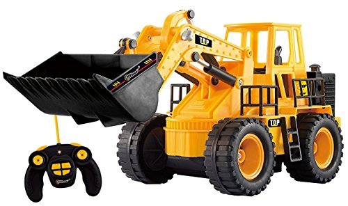Top Race Remote Control RC Construction Bulldozer Toy Tractor Truck Front Loader Excavator Vehicle 5 Channel Full Functional Radio Controlled Toys Digger for Kids Boys Ages 3+ Lights & Sounds Tr-113