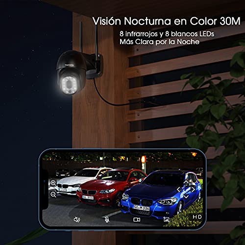 Topcony Camara Vigilancia WiFi Exterior, Camara de Seguridad con Visión Nocturna en Color de 30M, Detección de Movimiento, Alarma por Correo Electrónico, Audio de 2 Vias, Compatible con PC/Android/IOS