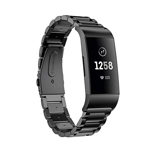 TOPsic Correa para Fitbit Charge 3 Pulsera, Pulsera de Reemplazo Ajustable Acero Inoxidable Banda Compatible con Fitbit Charge 3 para Mujeres y Hombres (Talla Grande, Negro-b)