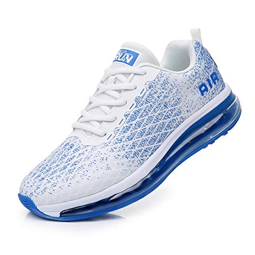 Torisky Zapatillas Deportivoas Hombre Mujer Air Zapatos de Deporte Running Sneakers Correr Gimnasio Casual, Blanco/Azul, Talla 43EU (8998-WH/BL43)