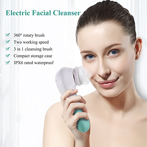 TOUCHBeauty Cepillo de Limpieza Facial,3 en 1 Masajeador Facial Eléctrico Limpiador de Poros Faciales con 3 Cabezas de Cepillo Para el Acné,Cepillo Limpieza Facial de Cara Spa, AG-14838 (verde)