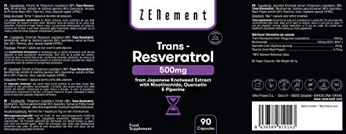 Trans-Resveratrol 500 mg, con Nicotinamida, Quercetina y Piperina, 90 Cápsulas | Antiedad, Envejecimiento Saludable, Antioxidante | Vegano, sin Conservantes, sin Alérgenos, No-GMO | de Zenement