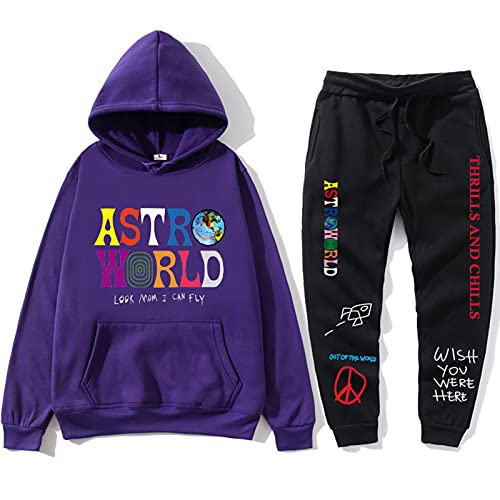 Travis Scott - Sudadera con capucha y pantalones para hip hop, sudadera con capucha y pantalones de moda para hombre y mujer, Morado y negro., M