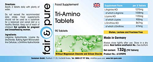 Tri-Amino Complex - Complejo de Aminoácidos esenciales - L-Arginina, Ornitina y Lisina - Vegano - Alta pureza - 90 Comprimidos