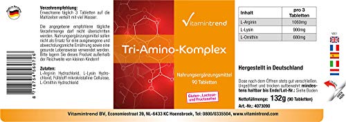 Triamino Komplex – Aminoácidos Complex – Arginina, Ornitina y Lisina – Vegano – 90 comprimidos – Crecimiento muscular y reducción de grasa