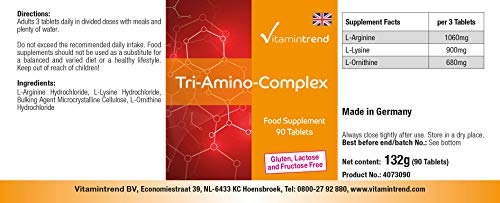 Triamino Komplex – Aminoácidos Complex – Arginina, Ornitina y Lisina – Vegano – 90 comprimidos – Crecimiento muscular y reducción de grasa