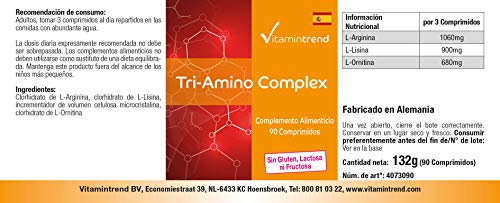 Triamino Komplex – Aminoácidos Complex – Arginina, Ornitina y Lisina – Vegano – 90 comprimidos – Crecimiento muscular y reducción de grasa