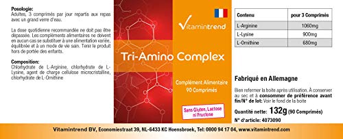 Triamino Komplex – Aminoácidos Complex – Arginina, Ornitina y Lisina – Vegano – 90 comprimidos – Crecimiento muscular y reducción de grasa