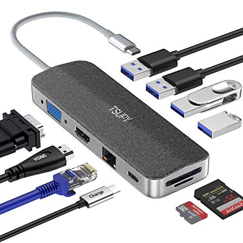 TSUPY HUB USB C 10 en 1 Adaptador Hub Tipo C Thunderbolt 3 con 4K HDMI 1080P VGA Ethernet RJ45 Carga PD USB-C 4 Puertos USB 3.0/2.0 Lector de Tarjeta SD/TF para Macbook Pro/Air/DELL HP Samsung y Más