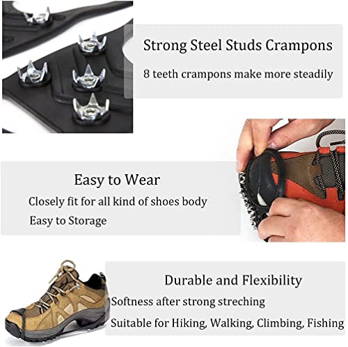 TTCPUYSA 1/2 Pairs Upgraded Non Slip Gripper Spike,Ice Snow Grip Non-Slip Shoes Boots Traction Cleats,Ice Cleat Spikes with 8 Steel Studs Crampons (1Pairs-M)