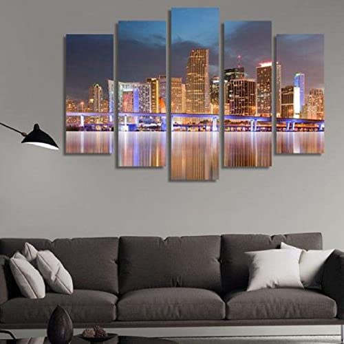 TTGS 5 Piezas Cuadro Horizonte Panorámico De Miami 5 Piezas Impresión En Lienzo Tablero del Moderno con Marco Cuadro De Arte Sala De Decoración Hogareña 100 * 55Cm