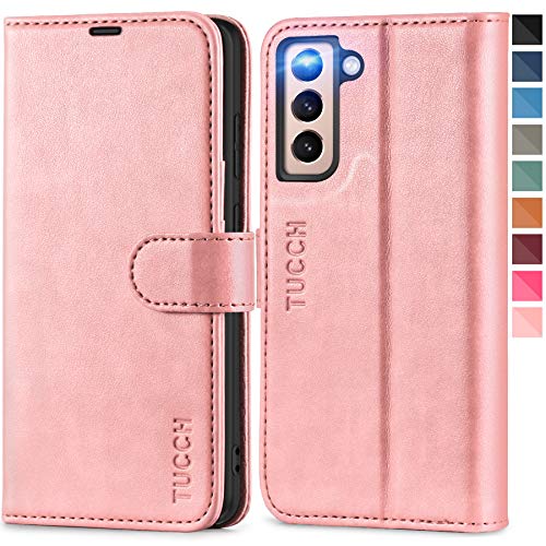 TUCCH Funda Galaxy S21, Funda Tapa Libro con Bloqueo RFID, Cáscara de TPU, Cierre Magnético, Soporte Plegable, Ranura para Tarjeta, Funda Protectora para Galaxy S21 5G (6.2'' 2021),Oro Rosa