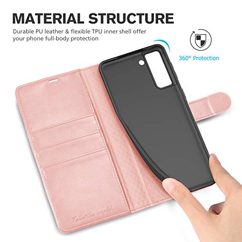 TUCCH Funda Galaxy S21, Funda Tapa Libro con Bloqueo RFID, Cáscara de TPU, Cierre Magnético, Soporte Plegable, Ranura para Tarjeta, Funda Protectora para Galaxy S21 5G (6.2'' 2021),Oro Rosa