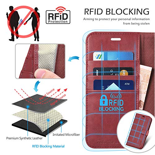 TUCCH Funda iPhone XR, Funda de Cuero PU con Bloqueo RFID, Cierre Magnético, Cáscara de TPU, Soporte Plegable, Ranura para Tarjeta, Funda Tapa Protectora para iPhone XR (6.1 Pulgadas), Rojo Oscuro