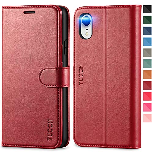 TUCCH Funda iPhone XR, Funda de Cuero PU con Bloqueo RFID, Cierre Magnético, Cáscara de TPU, Soporte Plegable, Ranura para Tarjeta, Funda Tapa Protectora para iPhone XR (6.1 Pulgadas), Rojo Oscuro