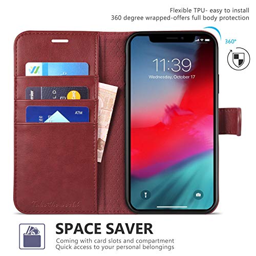 TUCCH Funda iPhone XR, Funda de Cuero PU con Bloqueo RFID, Cierre Magnético, Cáscara de TPU, Soporte Plegable, Ranura para Tarjeta, Funda Tapa Protectora para iPhone XR (6.1 Pulgadas), Rojo Oscuro