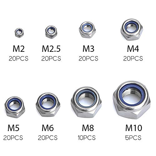 Tuercas Hexagonales 135piezas Tuercas Autoblocantes M2 M2.5 M3 M4 M5 M6 M8 M10 Acero Inoxidable 304 Kit de Surtido de Tuercas de Bloqueo Inserción de Nylon