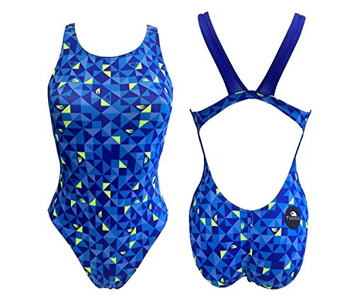 Turbo - Bañador Mujer Origami Azul Profesional Señora, Traje de Baño de Natacion Entrenamiento Competicion, Tira Ancha Doble Capa (M)