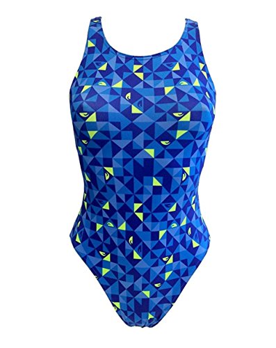 Turbo - Bañador Mujer Origami Azul Profesional Señora, Traje de Baño de Natacion Entrenamiento Competicion, Tira Ancha Doble Capa (M)