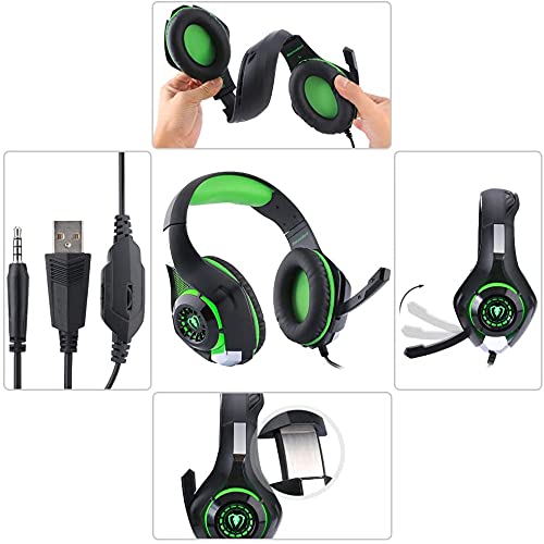 TurnRaise Juego de Auriculares, de 3,5 mm Auriculares de Juegos de Luz LED con Micrófono para iPhone de Playstation 4 PS4 Tablet PC (Verde)