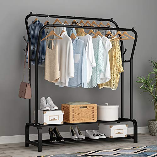 UDEAR Estante de la ropa de pie de la percha doble varillas multifuncional dormitorio ropa rack, doble capa 8 ganchosnegro