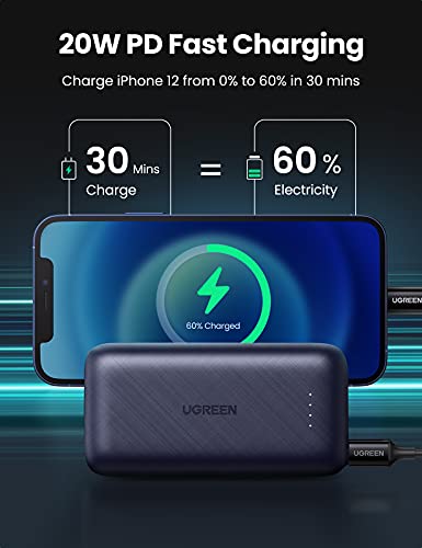 UGREEN 20W Batería Externa Movil PD 3.0, Mini Power Bank USB C 10000mAh Carga Rápida, Cargador Portátil Móvil Pequeño QC 3.0 Compatible con iPhone 13/12 Pro/ 11/ XR/XS/ 8, iPad Pro 2020, Airpods Pro