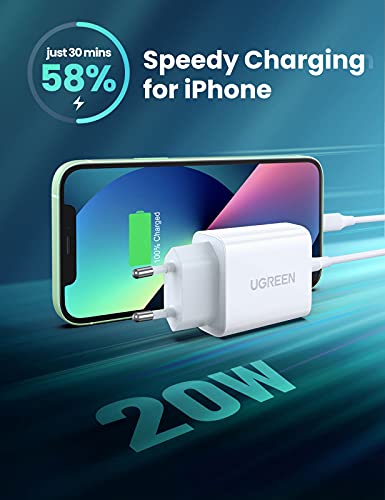 UGREEN 20W Cargador USB C Cargador PD 3.0 Enchufe Tipo C Cargador Carga Rapido Compatible con iPhone 13 12 12 Pro Mini Pro MAX Se X XS iPad Pro Air Galaxy S21 S20 Mi11 Redmi Note 10 Redmi 10-Blanco