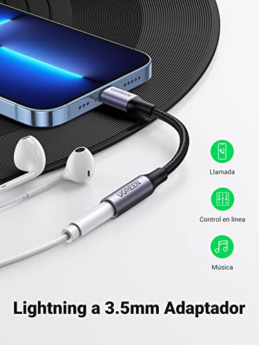 UGREEN Adaptador Auriculares iPhone, MFi Certificado Adaptador Lightning a Jack 3.5mm con Micrófono Compatible con iPhone 13/13 Pro/13 Mini/13 Pro Max/12/SE 2020/11/XR/X/8/7/iPad, Plug y Play, Plata