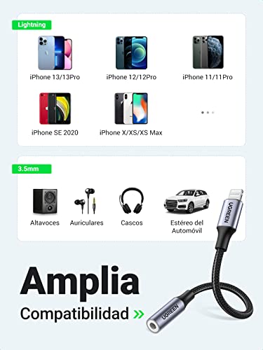 UGREEN Adaptador Auriculares iPhone, MFi Certificado Adaptador Lightning a Jack 3.5mm con Micrófono Compatible con iPhone 13/13 Pro/13 Mini/13 Pro Max/12/SE 2020/11/XR/X/8/7/iPad, Plug y Play, Plata