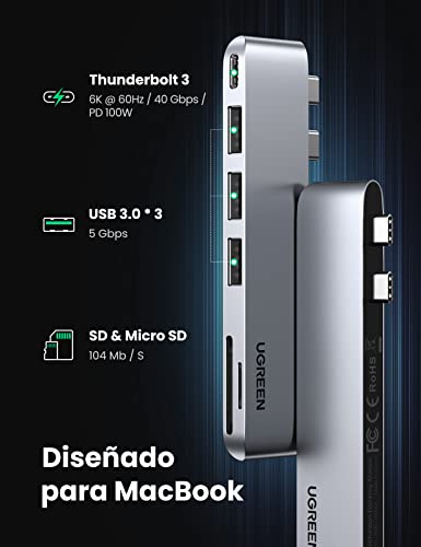 UGREEN HUB USB C 6 En 2, Adaptador Macbook Air M1 a 3 Puertos USB 3.0, Lector de Tarjeta SD TF, USB C Thunderbolt 3 100W Power Delivery Compatible con Macbook Pro M1 2020 2019 16'' Macbook Air M1 2020