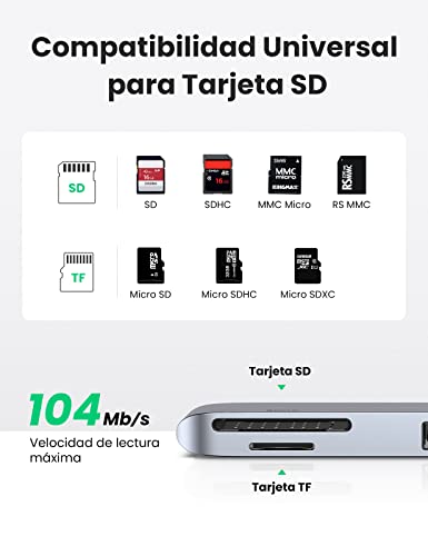 UGREEN HUB USB C 6 En 2, Adaptador Macbook Air M1 a 3 Puertos USB 3.0, Lector de Tarjeta SD TF, USB C Thunderbolt 3 100W Power Delivery Compatible con Macbook Pro M1 2020 2019 16'' Macbook Air M1 2020