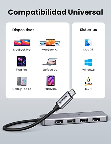 UGREEN Hub USB C a USB 3.0 4 Puertos, Ladrón USB C 5Gbps Adaptador USB C OTG Hub USB Tipo C Compatible con Macbook Pro 2021 Macbook Air M1 2020, PS5, Poco X3 Pro, iPad Pro, DELL XPS 13 15, Galaxy S21