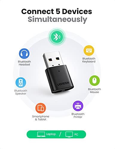 UGREEN USB Bluetooth 5.0, Adaptador Bluetooth para PC Portátil Windows 11/10/8.1/7, A2DP Dongle Bluetooth Compatible con Mando de PS5/PS4/Xbox Series X,Bluetooth Auricular Teclado Ratón Altavoz, Móvil