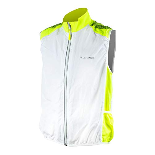 ULTRANNER - BULNES | Cortavientos Sin Mangas para Hombre - Chaleco Cortavientos Reflectante Apto para Trail Running Ciclismo Senderismo y Más - Color Blanco y Amarillo Para Más Visibilidad - Talla M