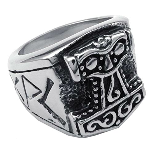 UM Joyería Hombres Vendimia Acero Inoxidable Thor's Martillo Ciclista Anillos Negro Plata