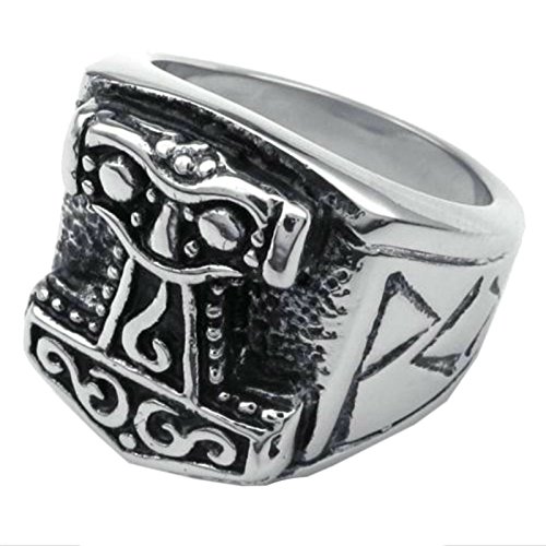 UM Joyería Hombres Vendimia Acero Inoxidable Thor's Martillo Ciclista Anillos Negro Plata