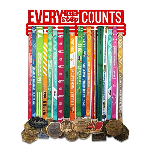 United Medals Cada Little Step Counts - Soporte de pared para colgar medallas deportivas (3 barras para colgar hasta 48 medallas), color rojo