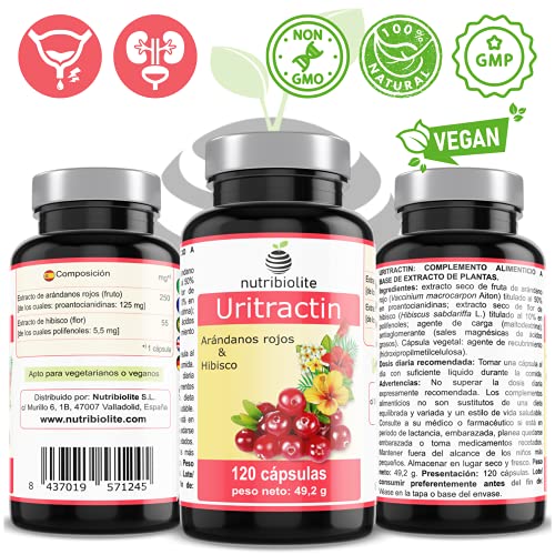 Uritractin – Extractos de Arándano rojo americano 12500 mg (con 125 mg de PACs) + Flor de hibisco 825 mg (con 5,5 mg de polifenoles) por cápsula. Suministro para 4 Meses. 120 cápsulas. Vegano. No OGM