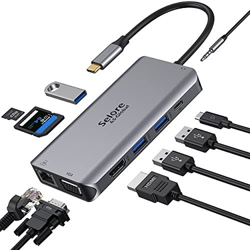 USB C Hub, Adaptador Tipo C Hub con 4K HDMI, VGA, Ethernet RJ45, Puertos USB 3.0, PD 100W, Audio de 3.5 mm, Hub Lector de Tarjetas SD/TF, 10 in 1 USB C Docking Station para MacBook Pro / Air DELL HP